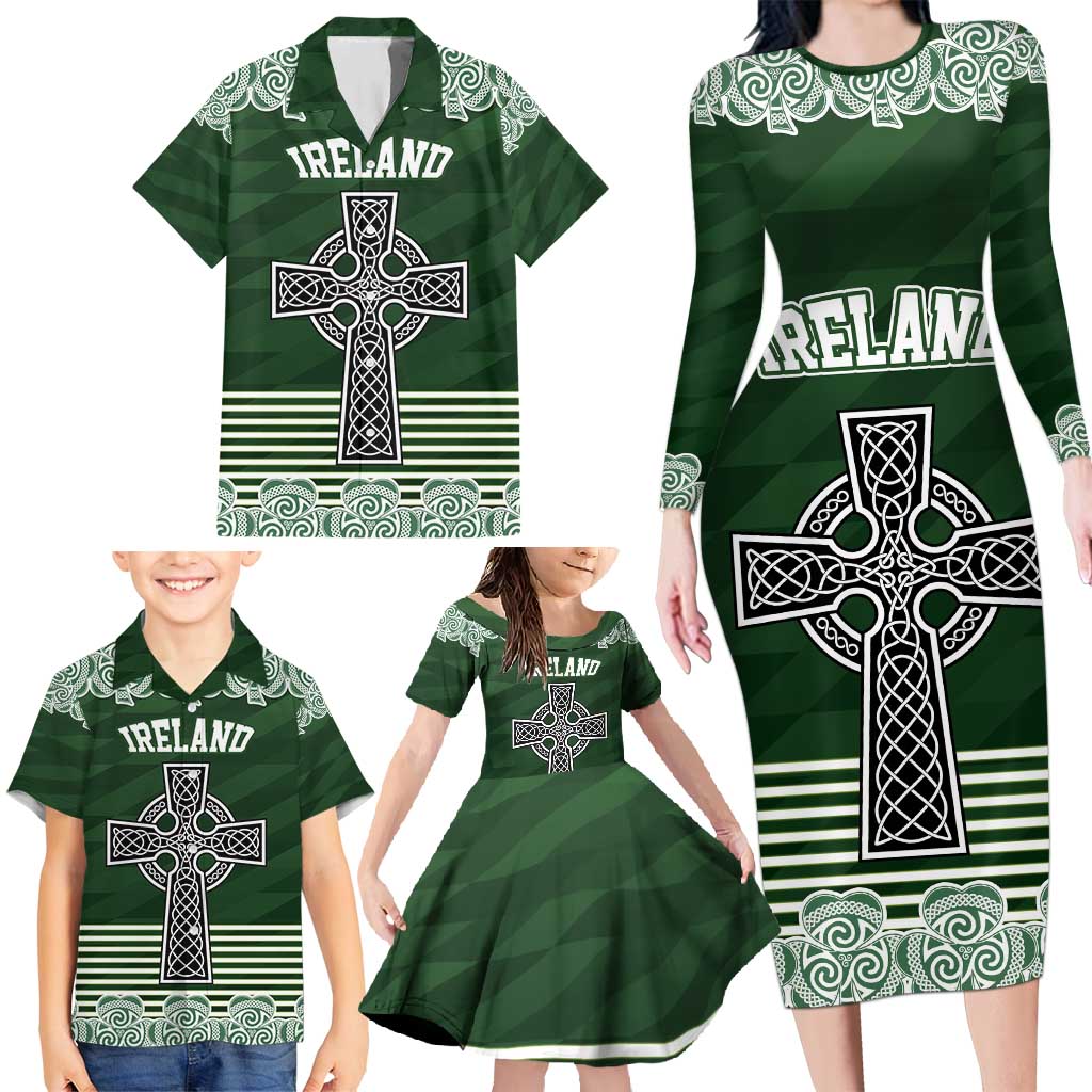 Personalized Celtic Cross Shamrock Ireland Family Matching Long Sleeve Bodycon Dress and Hawaiian Shirt Celtic Knot with Shamrock