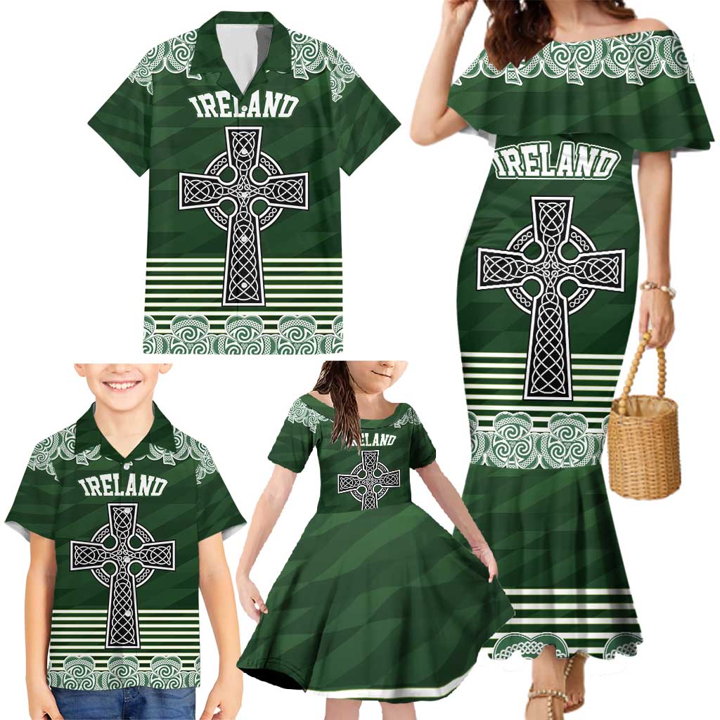 Personalized Celtic Cross Shamrock Ireland Family Matching Mermaid Dress and Hawaiian Shirt Celtic Knot with Shamrock