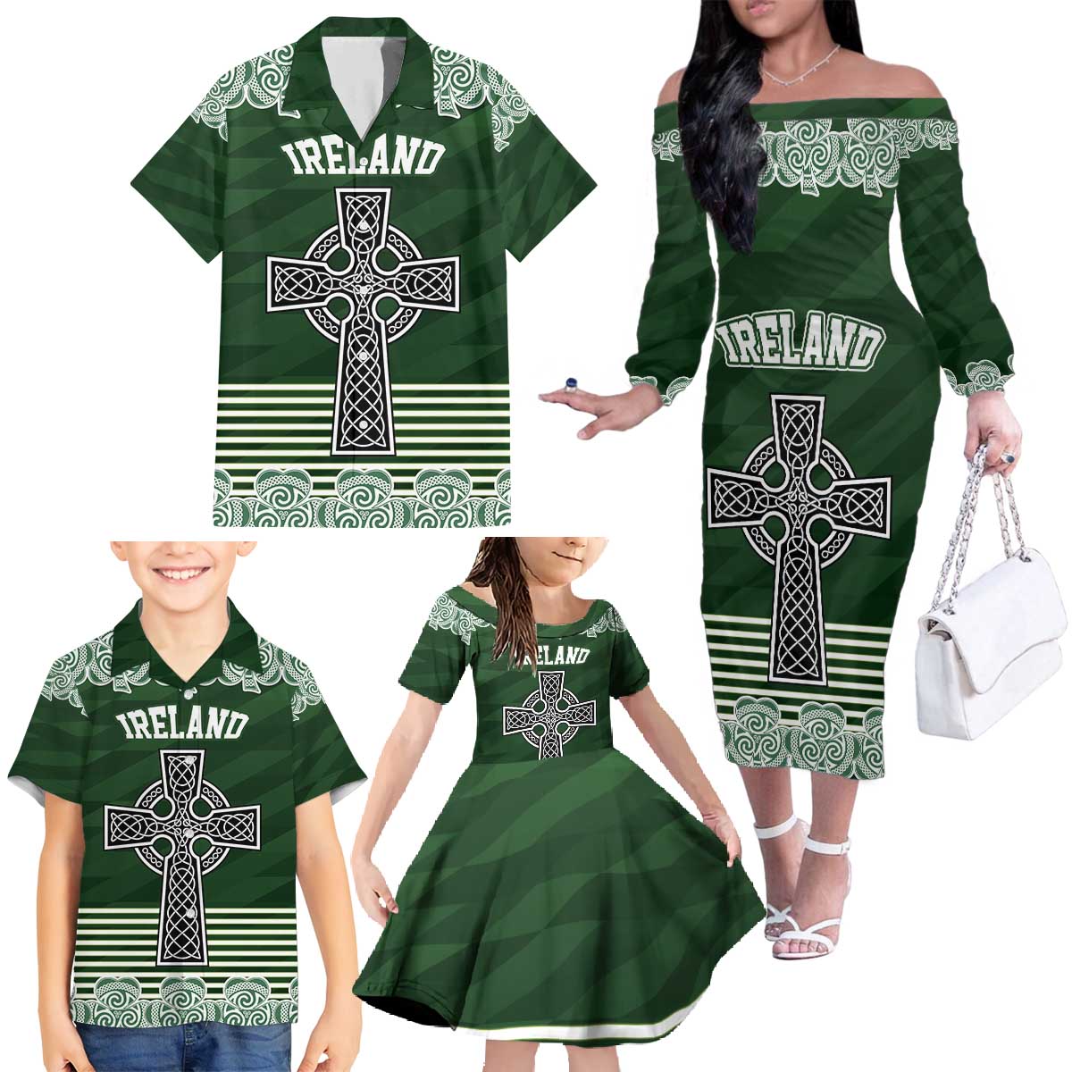 Personalized Celtic Cross Shamrock Ireland Family Matching Off The Shoulder Long Sleeve Dress and Hawaiian Shirt Celtic Knot with Shamrock