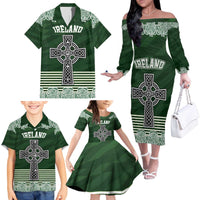 Personalized Celtic Cross Shamrock Ireland Family Matching Off The Shoulder Long Sleeve Dress and Hawaiian Shirt Celtic Knot with Shamrock
