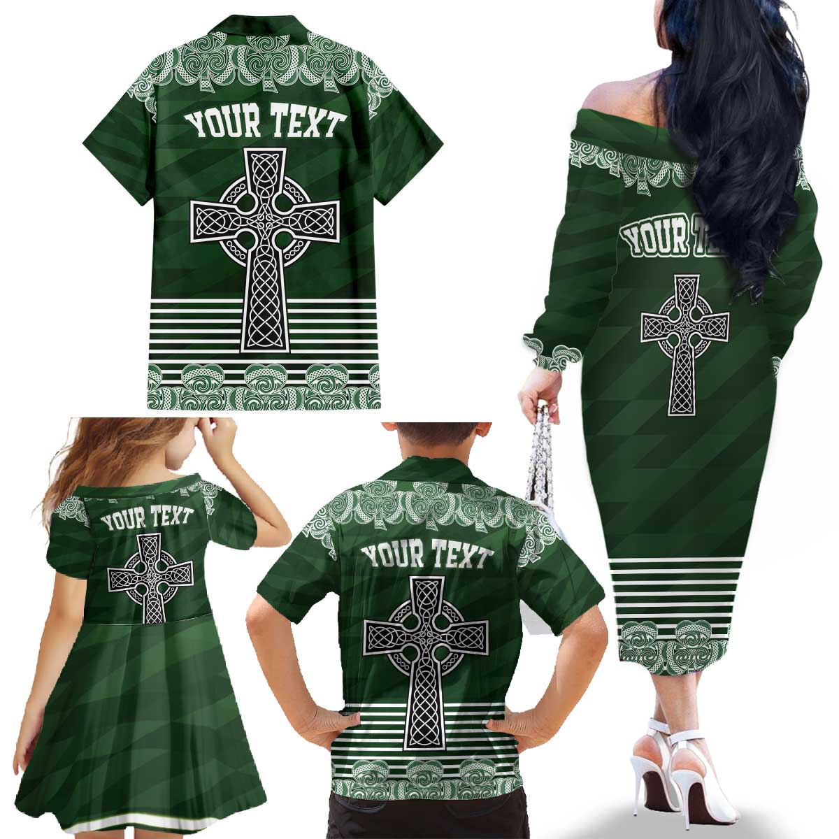 Personalized Celtic Cross Shamrock Ireland Family Matching Off The Shoulder Long Sleeve Dress and Hawaiian Shirt Celtic Knot with Shamrock