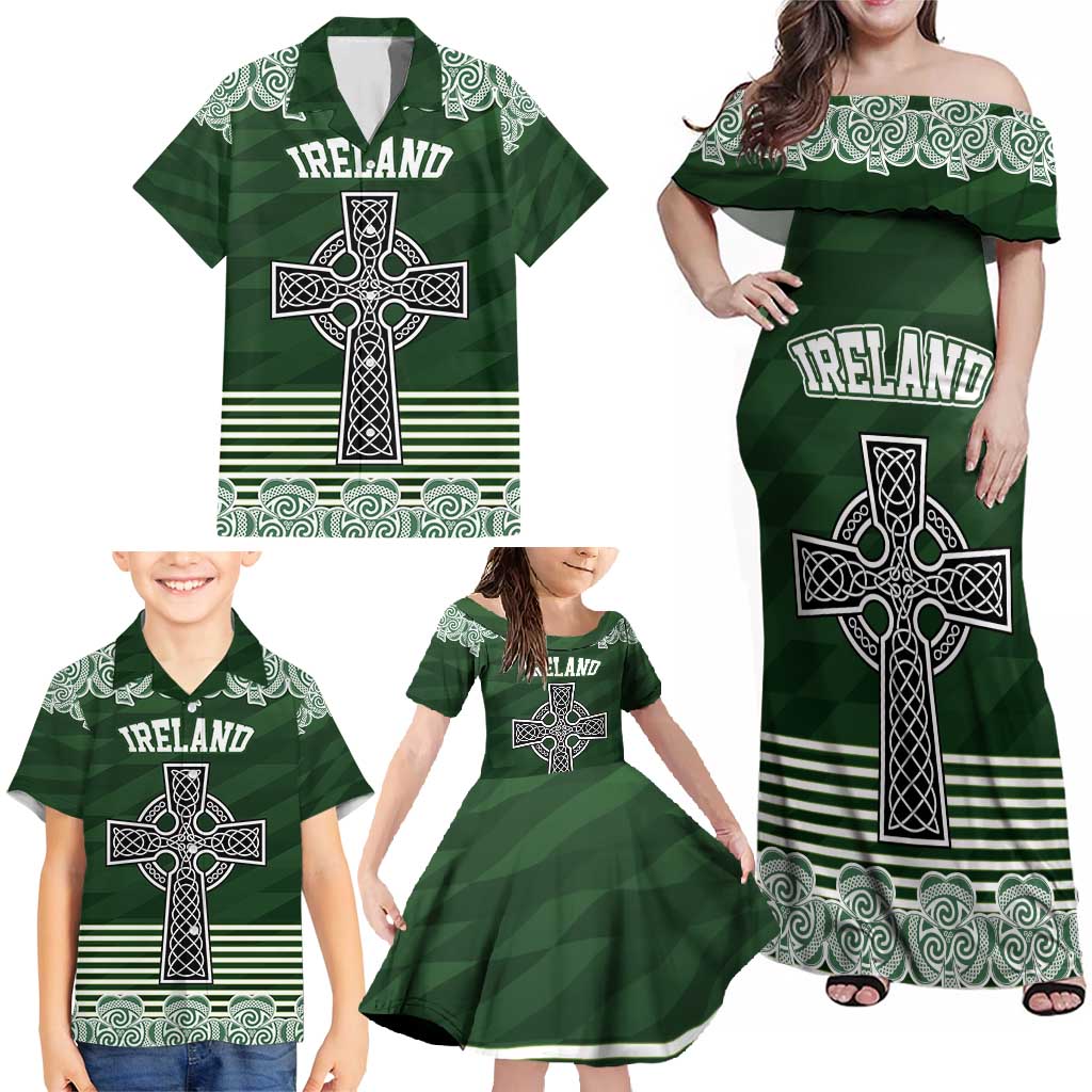 Personalized Celtic Cross Shamrock Ireland Family Matching Off Shoulder Maxi Dress and Hawaiian Shirt Celtic Knot with Shamrock