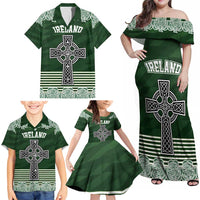 Personalized Celtic Cross Shamrock Ireland Family Matching Off Shoulder Maxi Dress and Hawaiian Shirt Celtic Knot with Shamrock