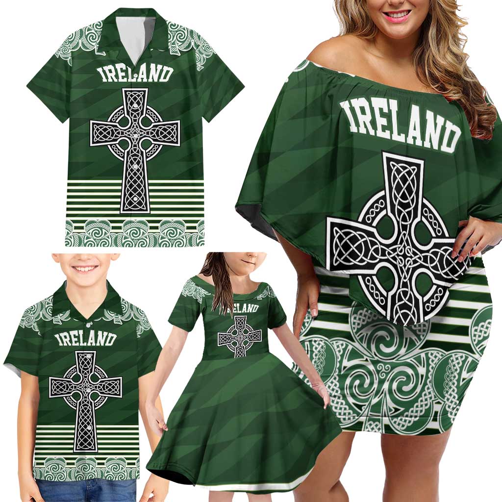 Personalized Celtic Cross Shamrock Ireland Family Matching Off Shoulder Short Dress and Hawaiian Shirt Celtic Knot with Shamrock