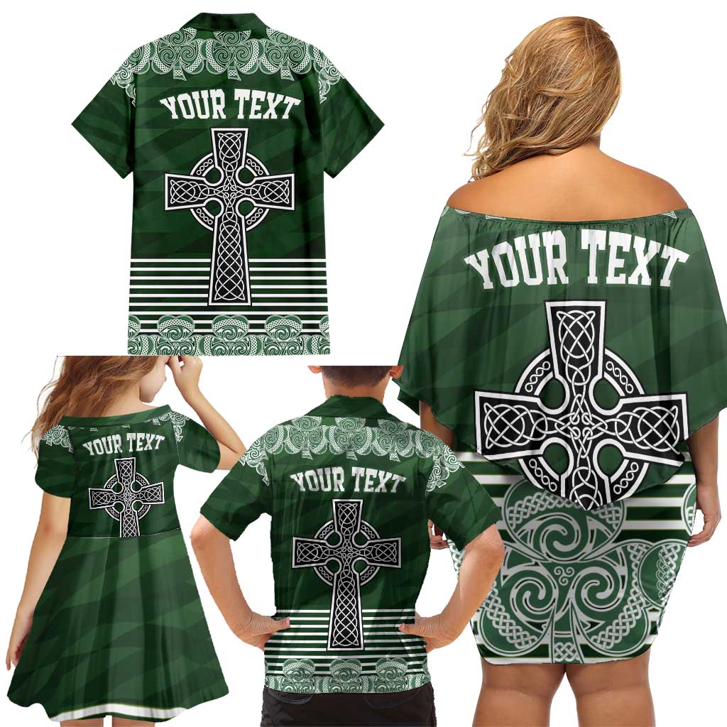 Personalized Celtic Cross Shamrock Ireland Family Matching Off Shoulder Short Dress and Hawaiian Shirt Celtic Knot with Shamrock
