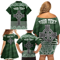 Personalized Celtic Cross Shamrock Ireland Family Matching Off Shoulder Short Dress and Hawaiian Shirt Celtic Knot with Shamrock