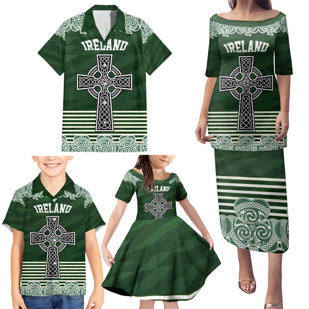 Personalized Celtic Cross Shamrock Ireland Family Matching Puletasi and Hawaiian Shirt Celtic Knot with Shamrock