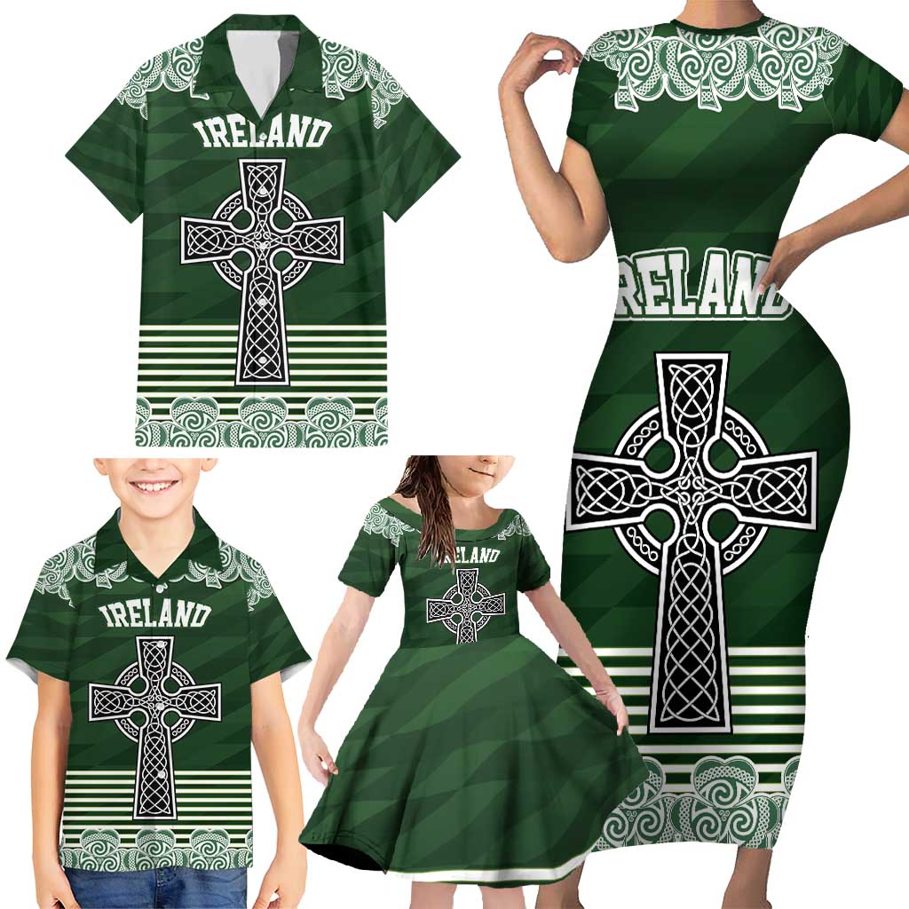 Personalized Celtic Cross Shamrock Ireland Family Matching Short Sleeve Bodycon Dress and Hawaiian Shirt Celtic Knot with Shamrock