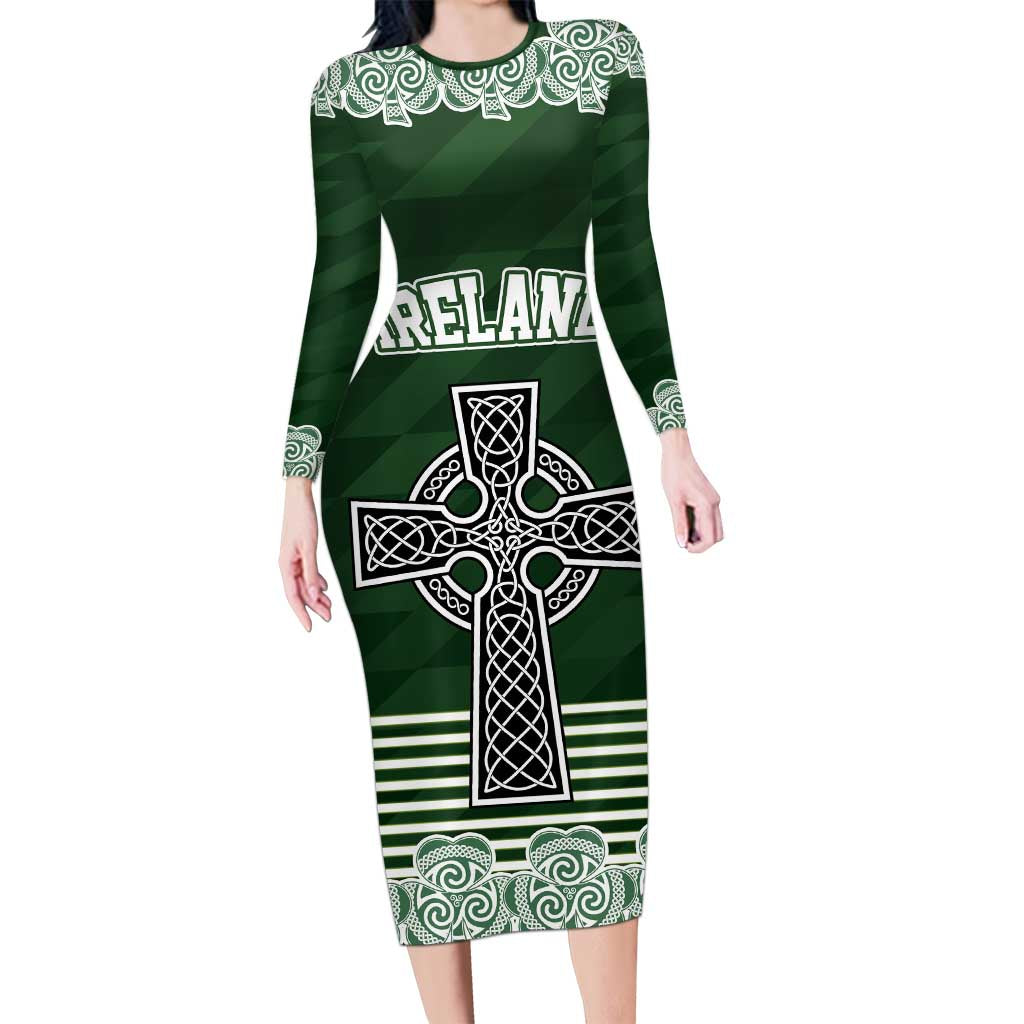 Personalized Celtic Cross Shamrock Ireland Long Sleeve Bodycon Dress Celtic Knot with Shamrock