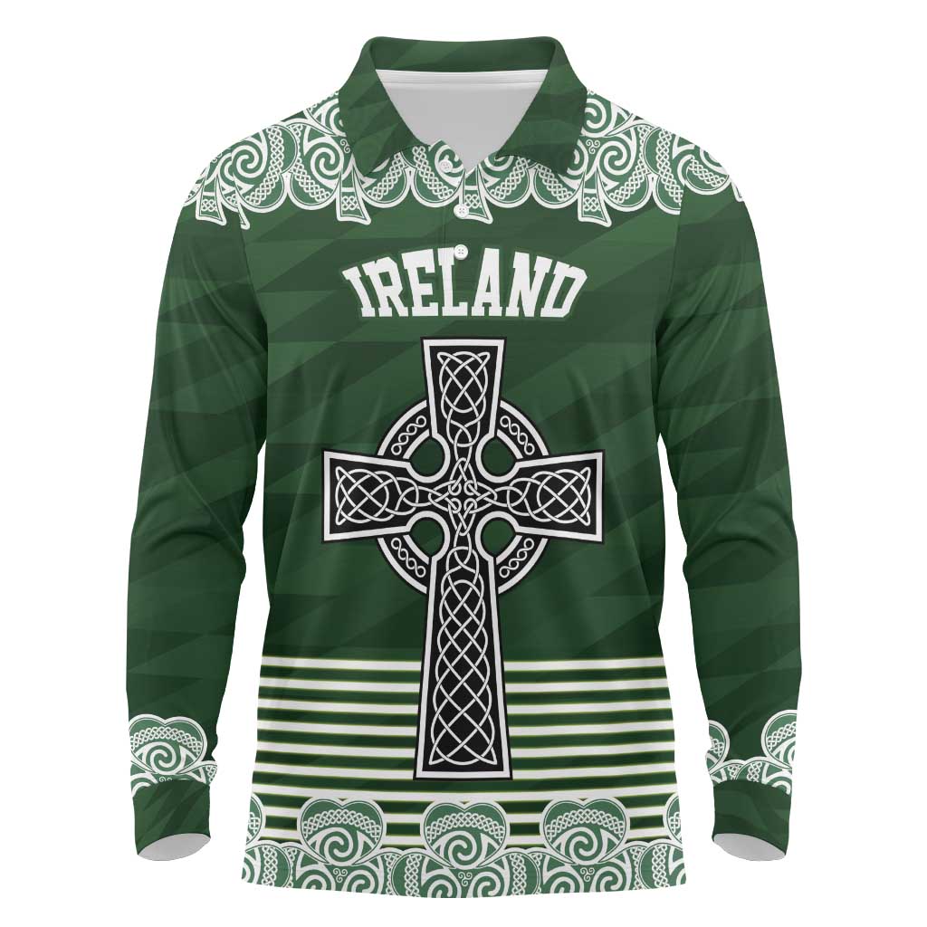 Personalized Celtic Cross Shamrock Ireland Long Sleeve Polo Shirt Celtic Knot with Shamrock