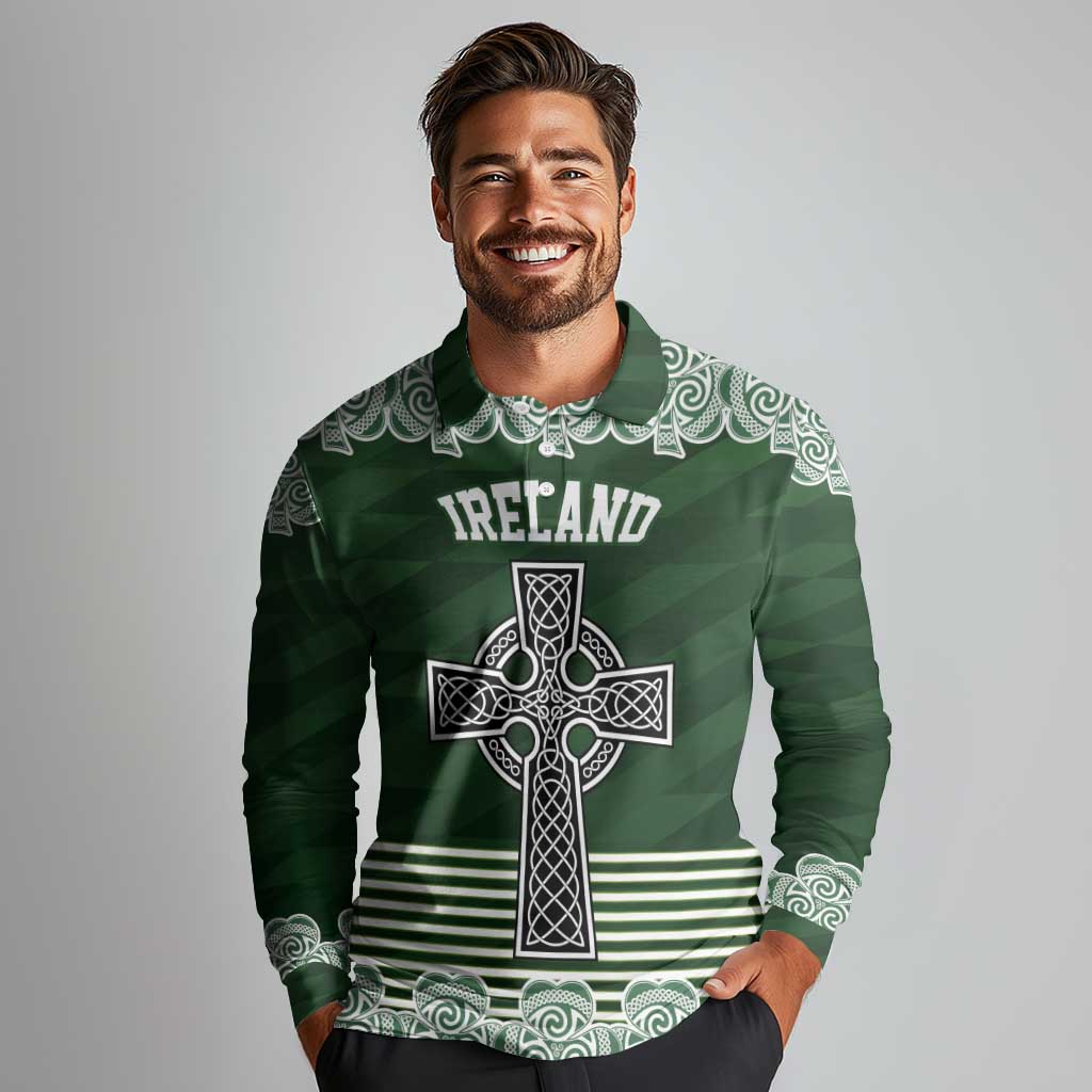 Personalized Celtic Cross Shamrock Ireland Long Sleeve Polo Shirt Celtic Knot with Shamrock