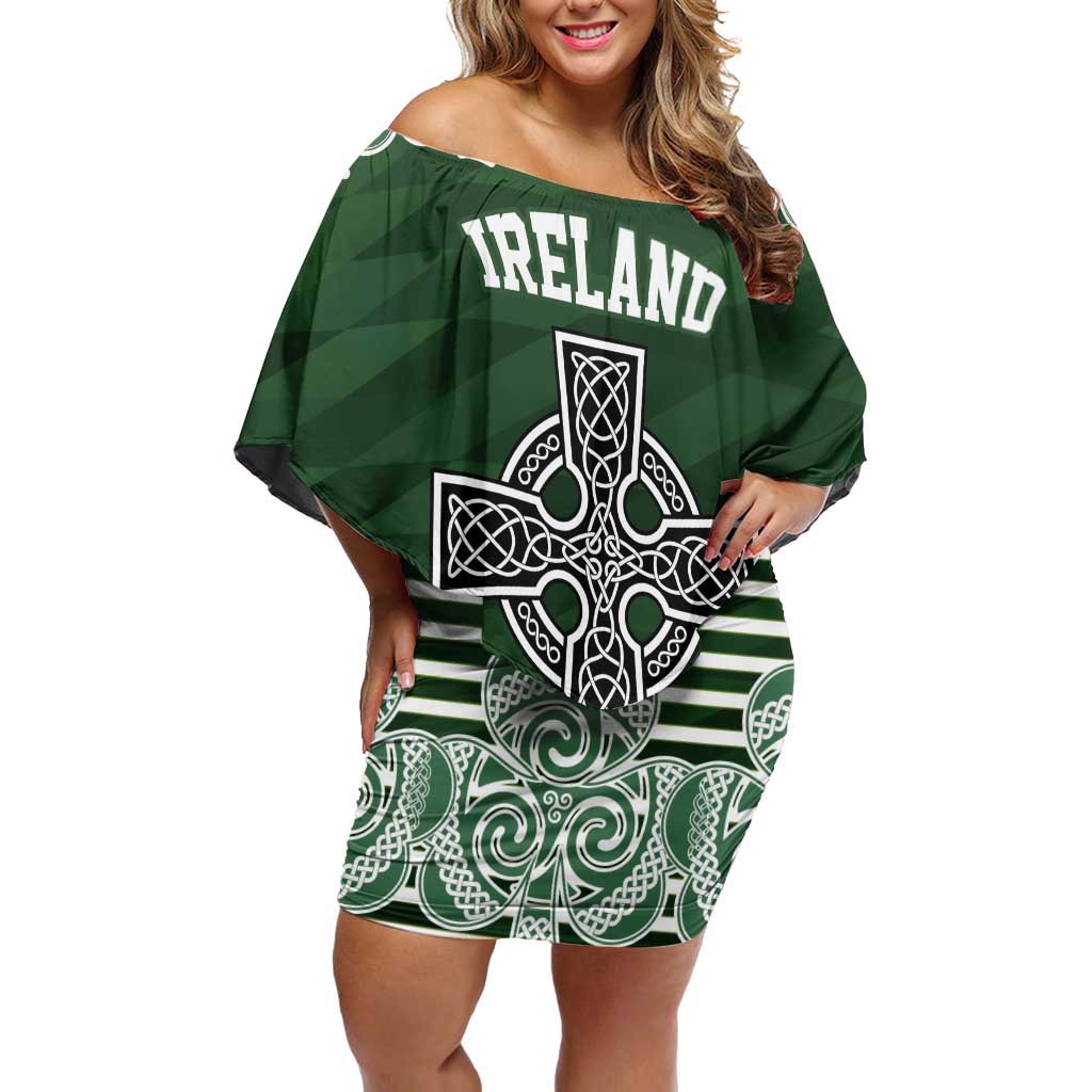 Personalized Celtic Cross Shamrock Ireland Off Shoulder Short Dress Celtic Knot with Shamrock