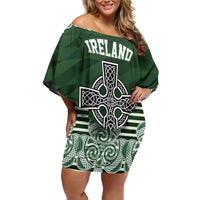 Personalized Celtic Cross Shamrock Ireland Off Shoulder Short Dress Celtic Knot with Shamrock