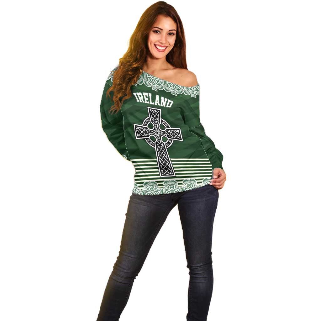 Personalized Celtic Cross Shamrock Ireland Off Shoulder Sweater Celtic Knot with Shamrock
