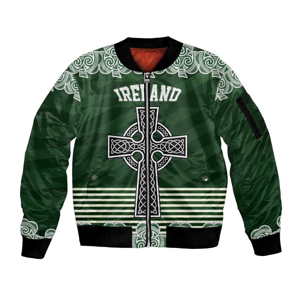 Personalized Celtic Cross Shamrock Ireland Sleeve Zip Bomber Jacket Celtic Knot with Shamrock