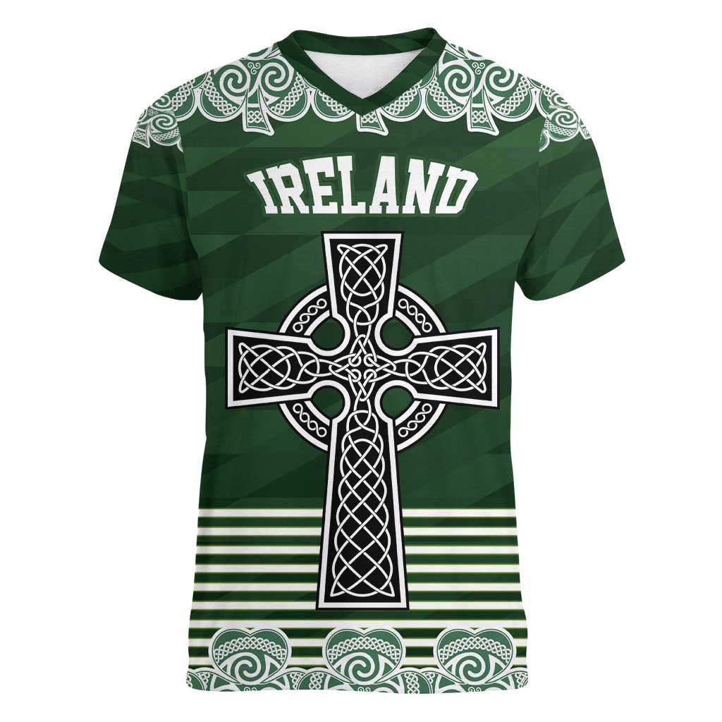 Personalized Celtic Cross Shamrock Ireland Women V-Neck T-Shirt Celtic Knot with Shamrock