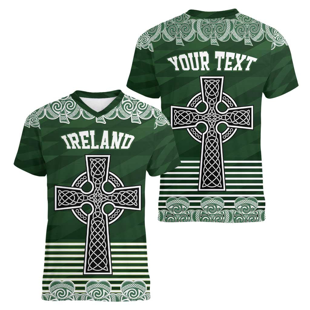 Personalized Celtic Cross Shamrock Ireland Women V-Neck T-Shirt Celtic Knot with Shamrock