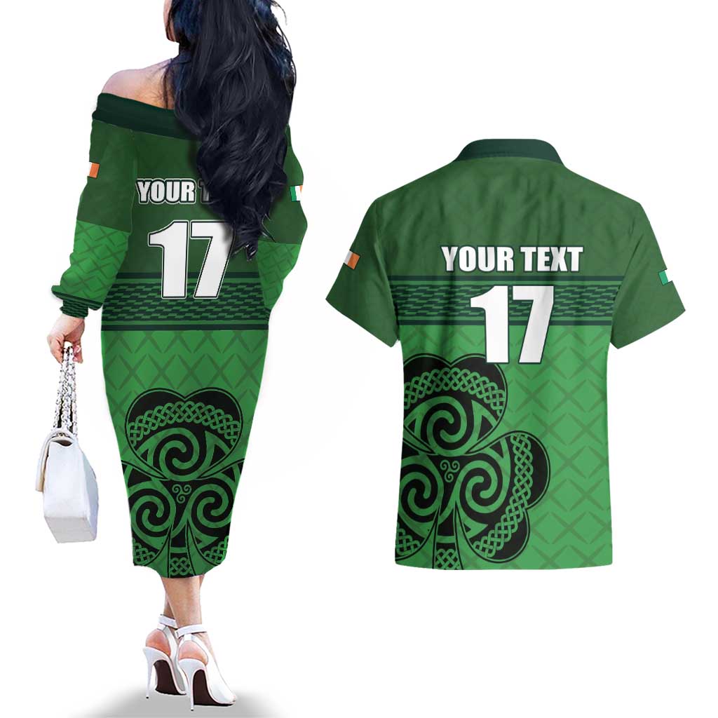 Custom Ireland Football Couples Matching Off The Shoulder Long Sleeve Dress and Hawaiian Shirt Celtic Knot with Shamrock