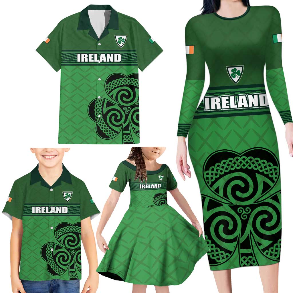 Custom Ireland Football Family Matching Long Sleeve Bodycon Dress and Hawaiian Shirt Celtic Knot with Shamrock