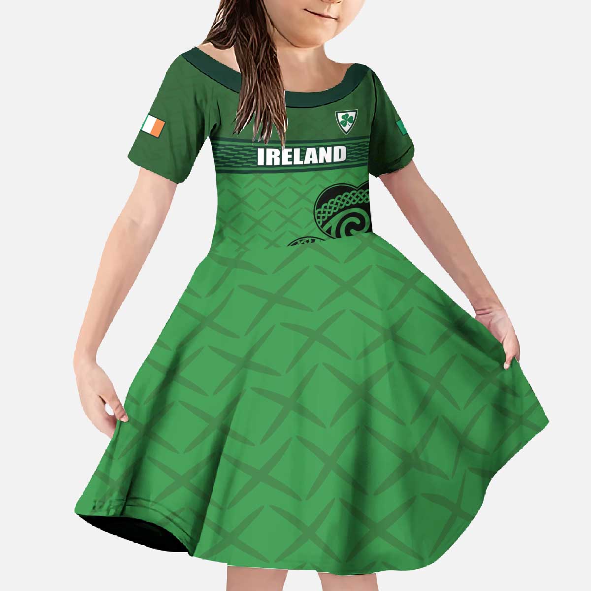 Custom Ireland Football Family Matching Off The Shoulder Long Sleeve Dress and Hawaiian Shirt Celtic Knot with Shamrock