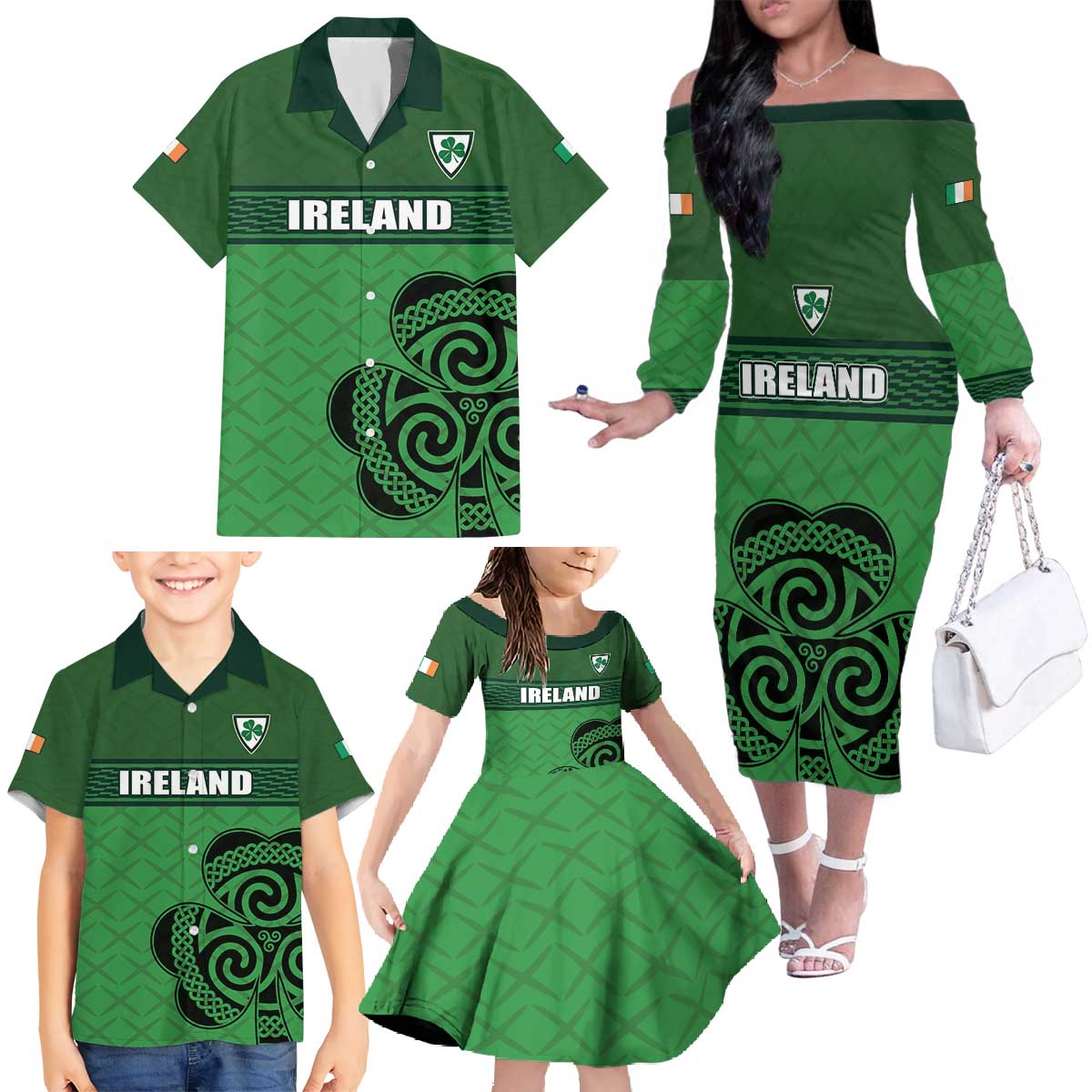 Custom Ireland Football Family Matching Off The Shoulder Long Sleeve Dress and Hawaiian Shirt Celtic Knot with Shamrock