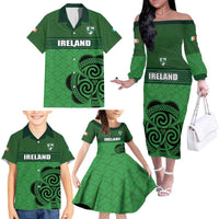 Custom Ireland Football Family Matching Off The Shoulder Long Sleeve Dress and Hawaiian Shirt Celtic Knot with Shamrock