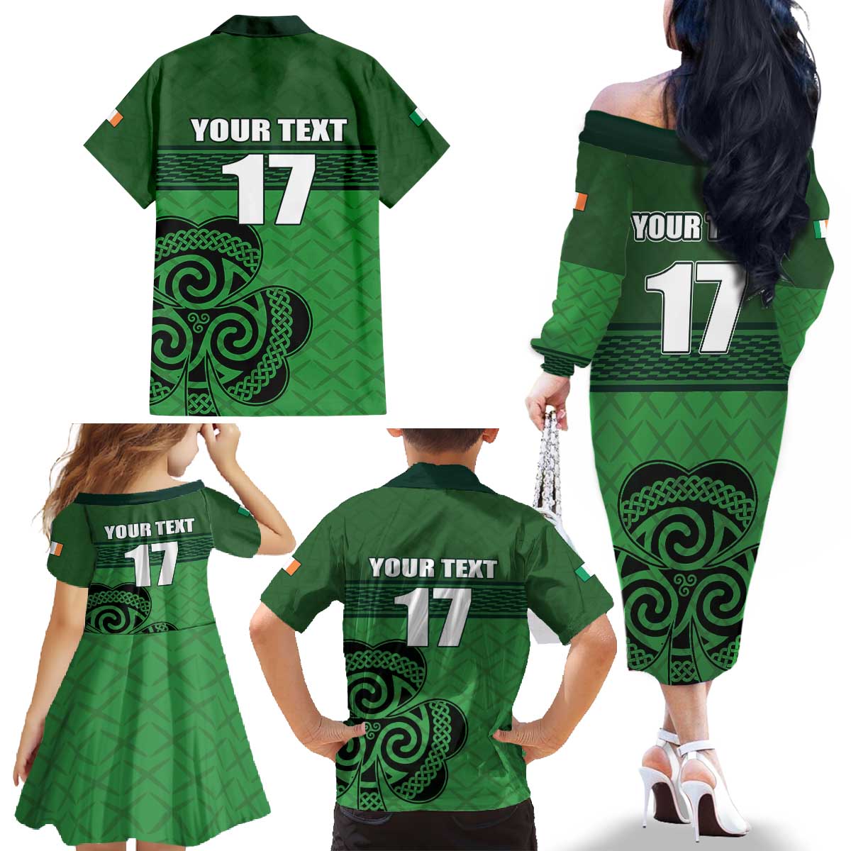 Custom Ireland Football Family Matching Off The Shoulder Long Sleeve Dress and Hawaiian Shirt Celtic Knot with Shamrock