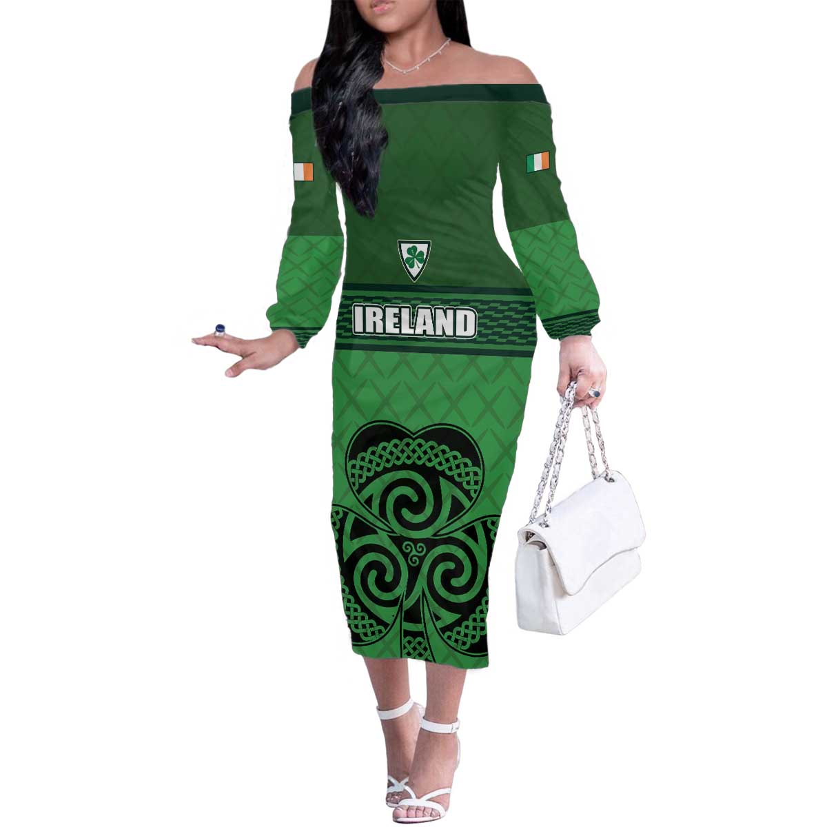 Custom Ireland Football Family Matching Off The Shoulder Long Sleeve Dress and Hawaiian Shirt Celtic Knot with Shamrock