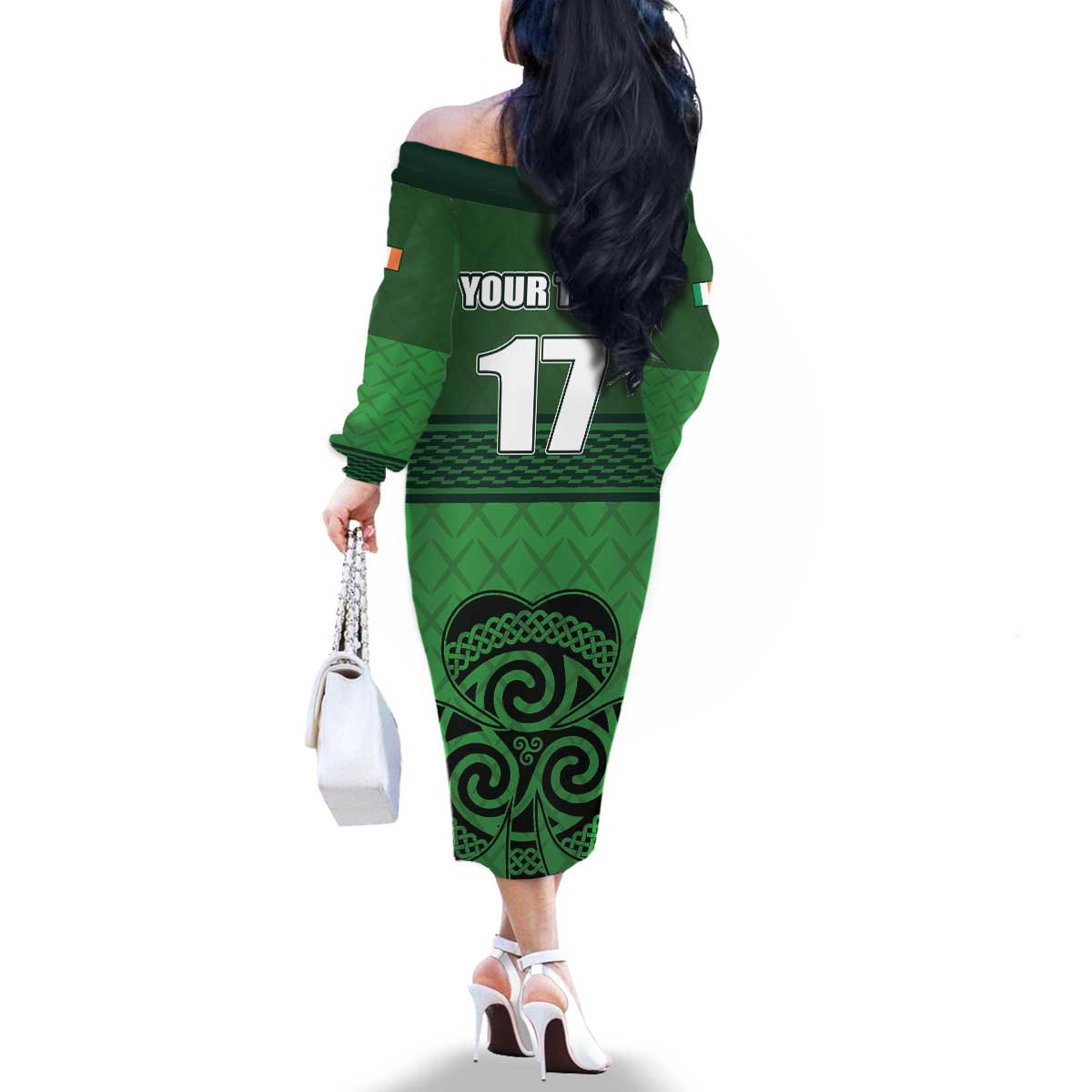 Custom Ireland Football Family Matching Off The Shoulder Long Sleeve Dress and Hawaiian Shirt Celtic Knot with Shamrock