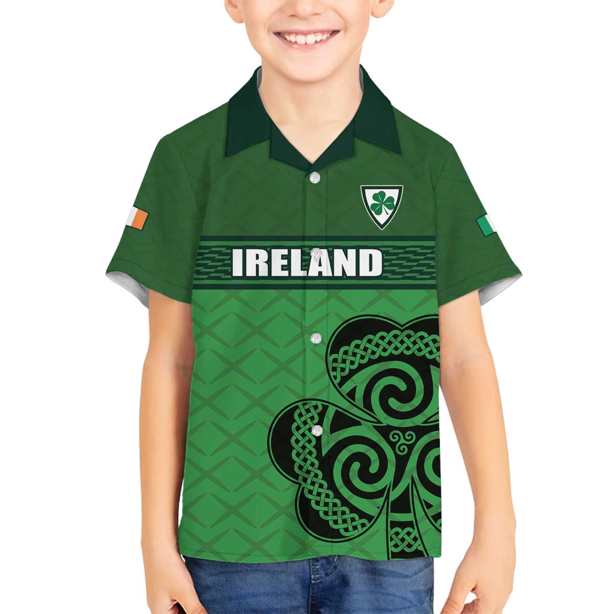 Custom Ireland Football Family Matching Off The Shoulder Long Sleeve Dress and Hawaiian Shirt Celtic Knot with Shamrock