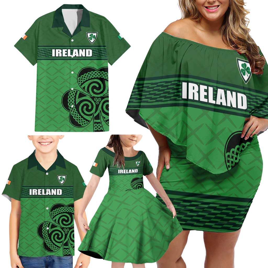 Custom Ireland Football Family Matching Off Shoulder Short Dress and Hawaiian Shirt Celtic Knot with Shamrock