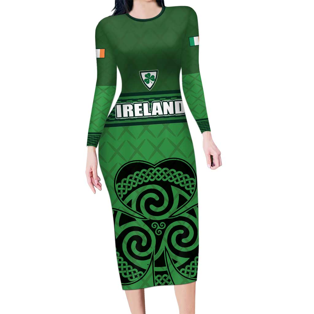 Custom Ireland Football Long Sleeve Bodycon Dress Celtic Knot with Shamrock