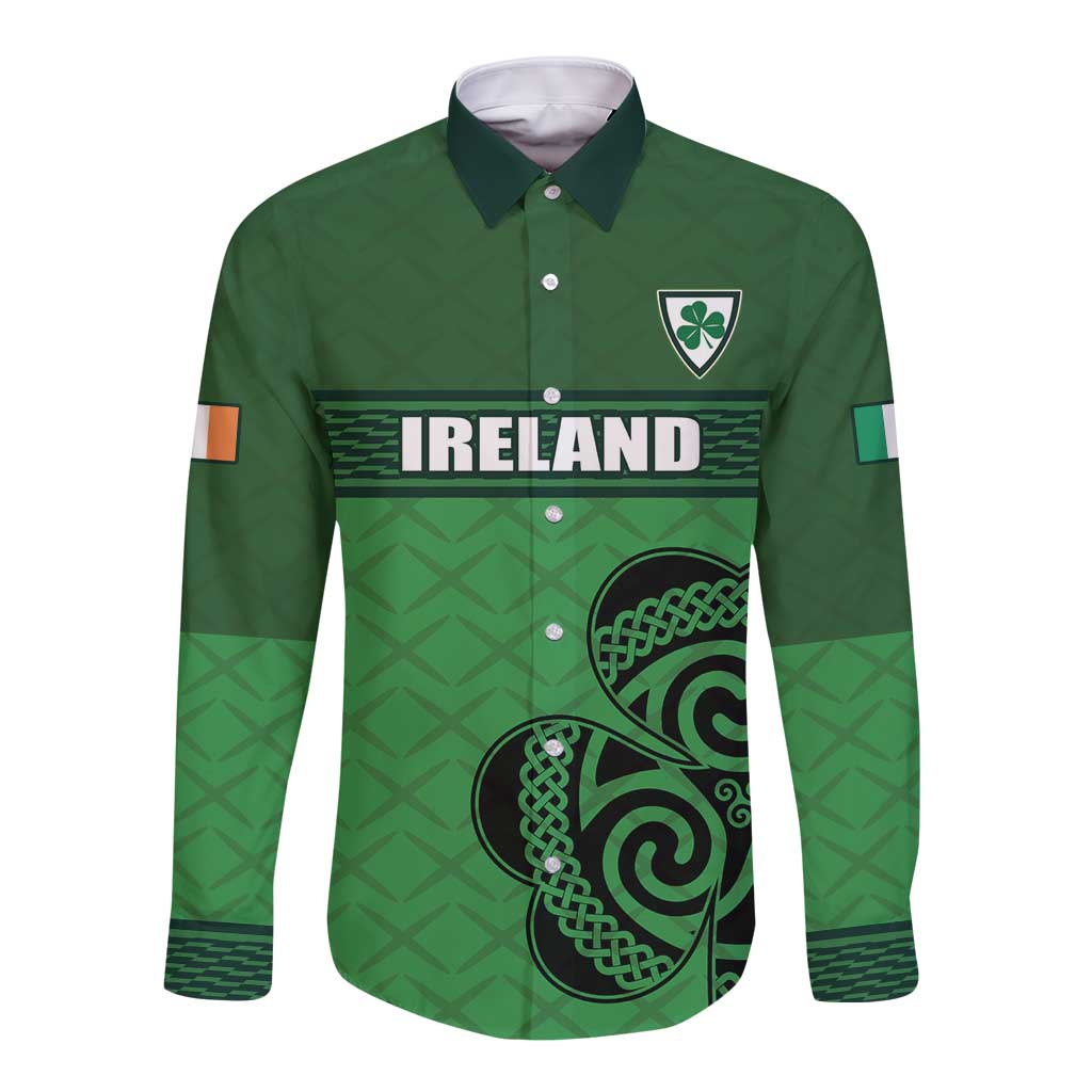 Custom Ireland Football Long Sleeve Button Shirt Celtic Knot with Shamrock