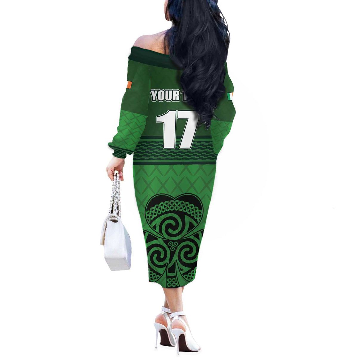 Custom Ireland Football Off The Shoulder Long Sleeve Dress Celtic Knot with Shamrock
