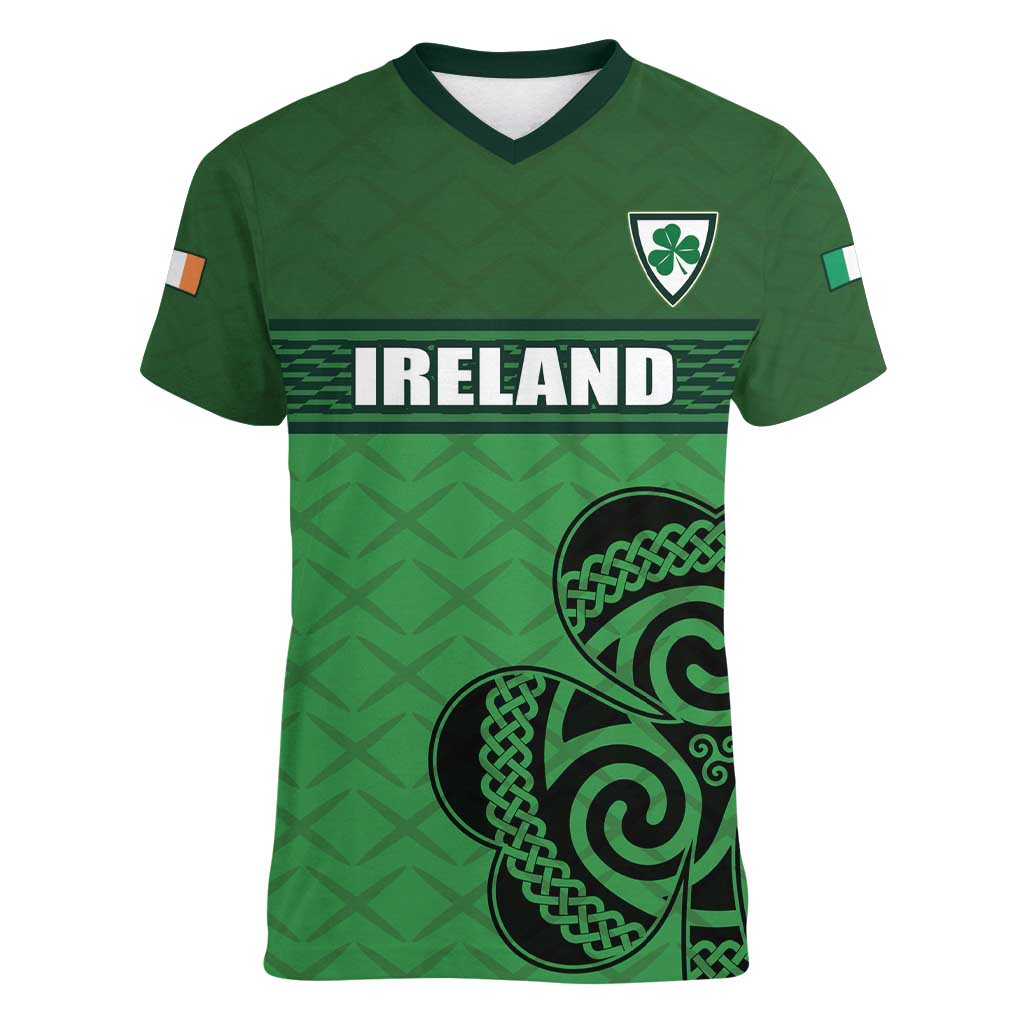 Custom Ireland Football Women V-Neck T-Shirt Celtic Knot with Shamrock