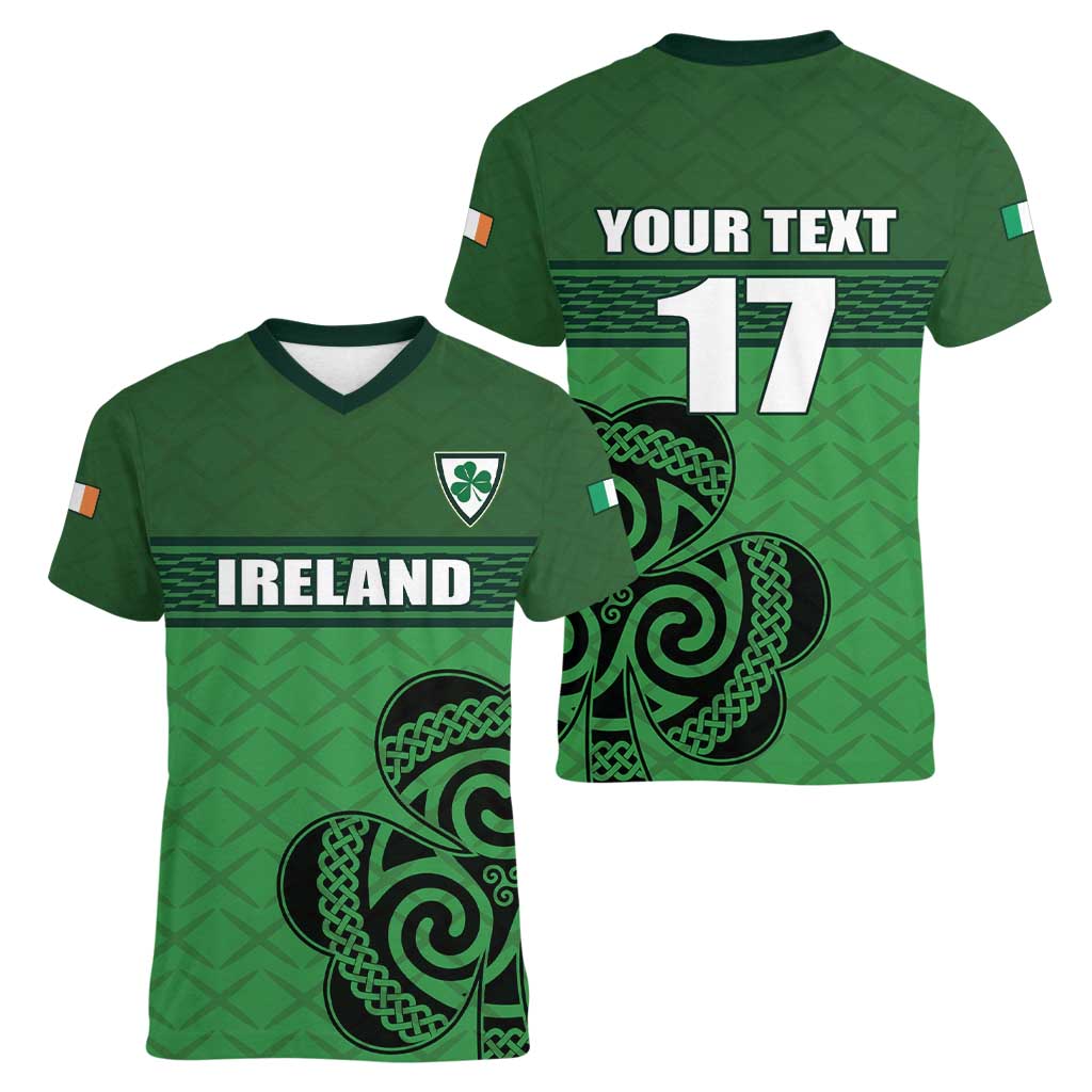 Custom Ireland Football Women V-Neck T-Shirt Celtic Knot with Shamrock
