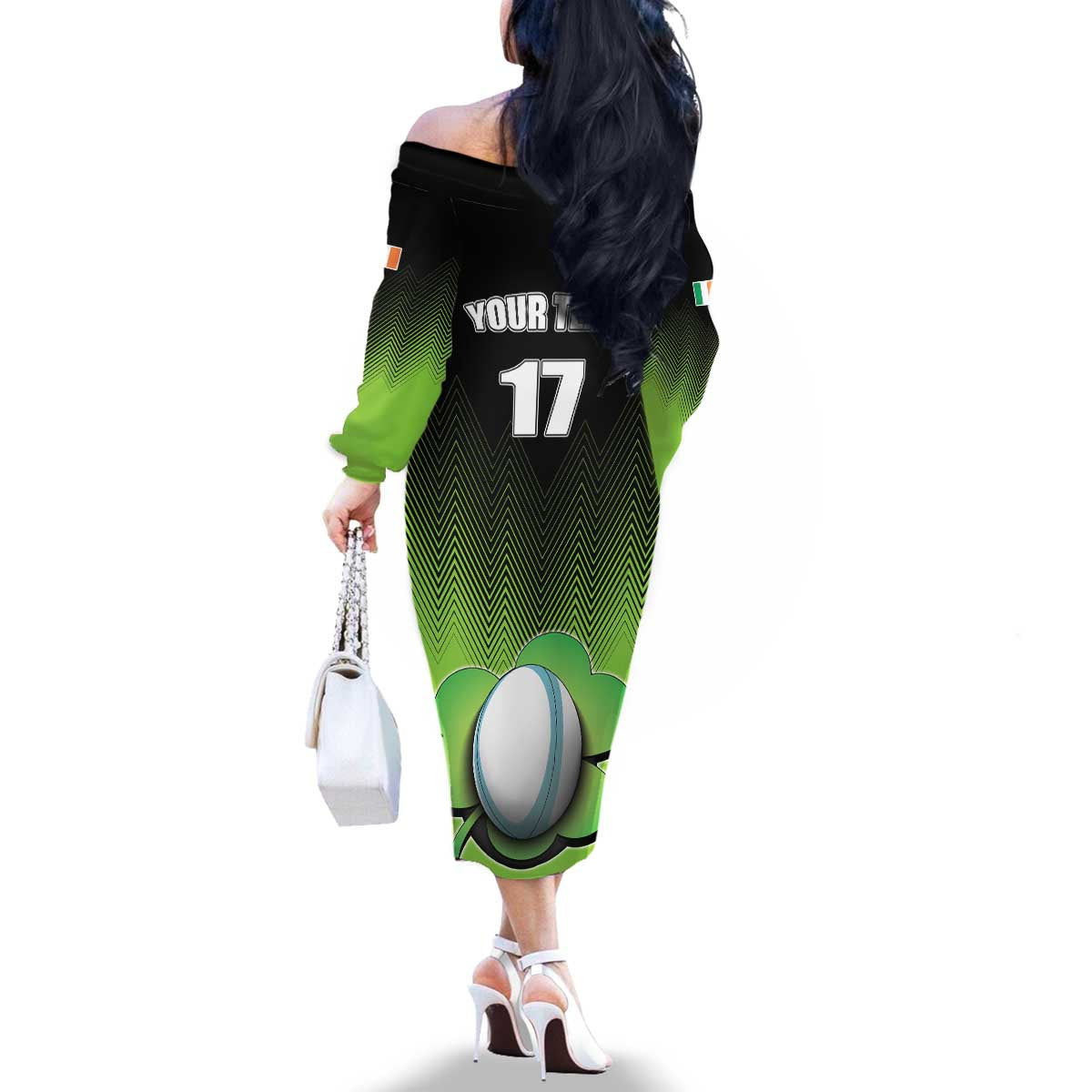 Custom Ireland Rugby Go Champions Family Matching Off The Shoulder Long Sleeve Dress and Hawaiian Shirt Irish Shamrock