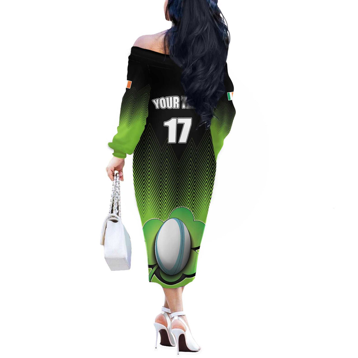 Custom Ireland Rugby Go Champions Off The Shoulder Long Sleeve Dress Irish Shamrock