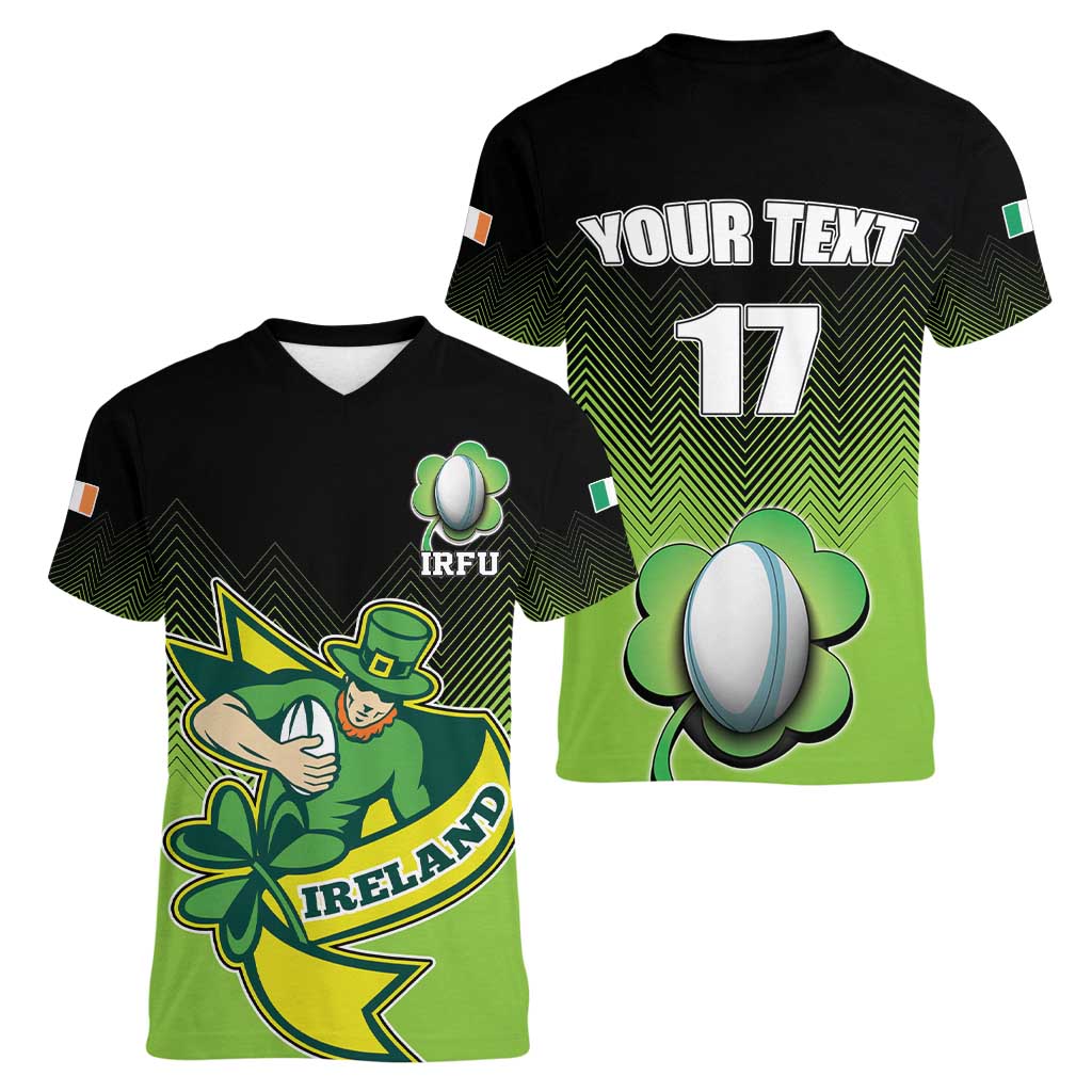 Custom Ireland Rugby Go Champions Women V-Neck T-Shirt Irish Shamrock