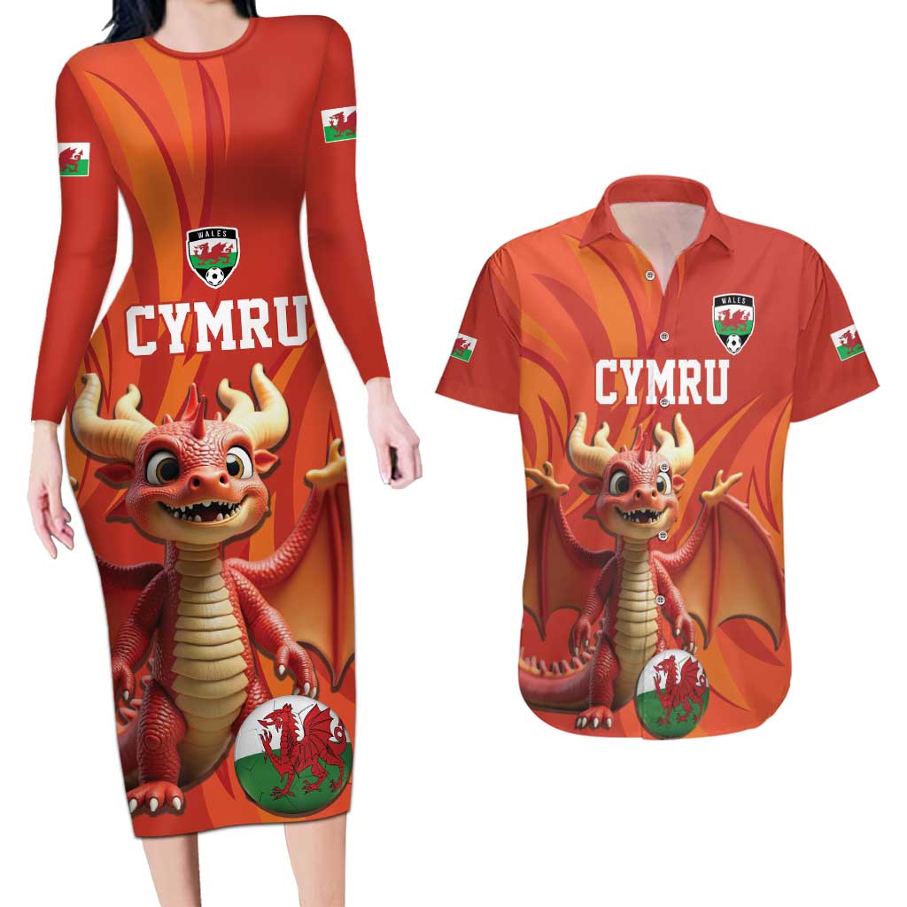 Custom Wales Football Go Champions Couples Matching Long Sleeve Bodycon Dress and Hawaiian Shirt Cymru am byth Red Style