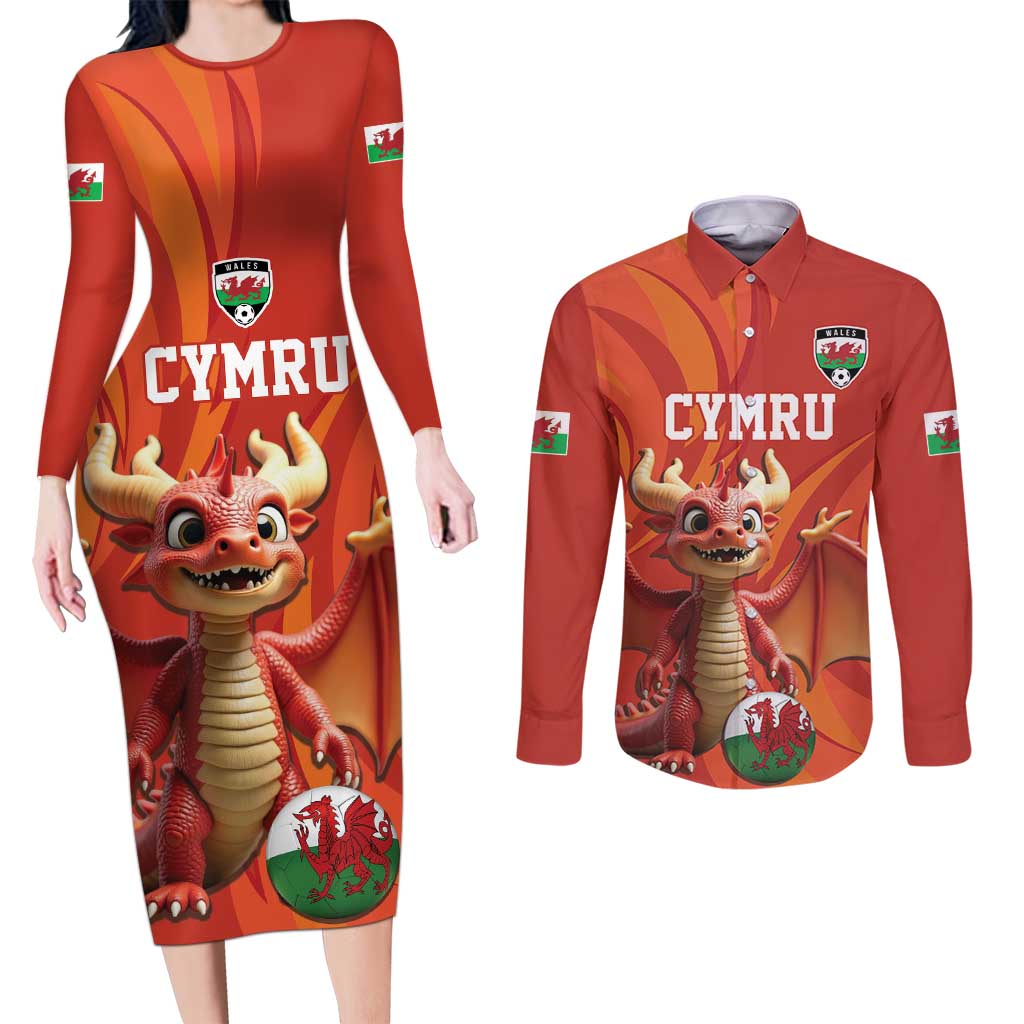 Custom Wales Football Go Champions Couples Matching Long Sleeve Bodycon Dress and Long Sleeve Button Shirt Cymru am byth Red Style