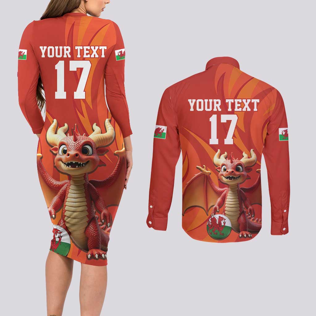 Custom Wales Football Go Champions Couples Matching Long Sleeve Bodycon Dress and Long Sleeve Button Shirt Cymru am byth Red Style