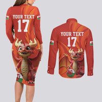 Custom Wales Football Go Champions Couples Matching Long Sleeve Bodycon Dress and Long Sleeve Button Shirt Cymru am byth Red Style