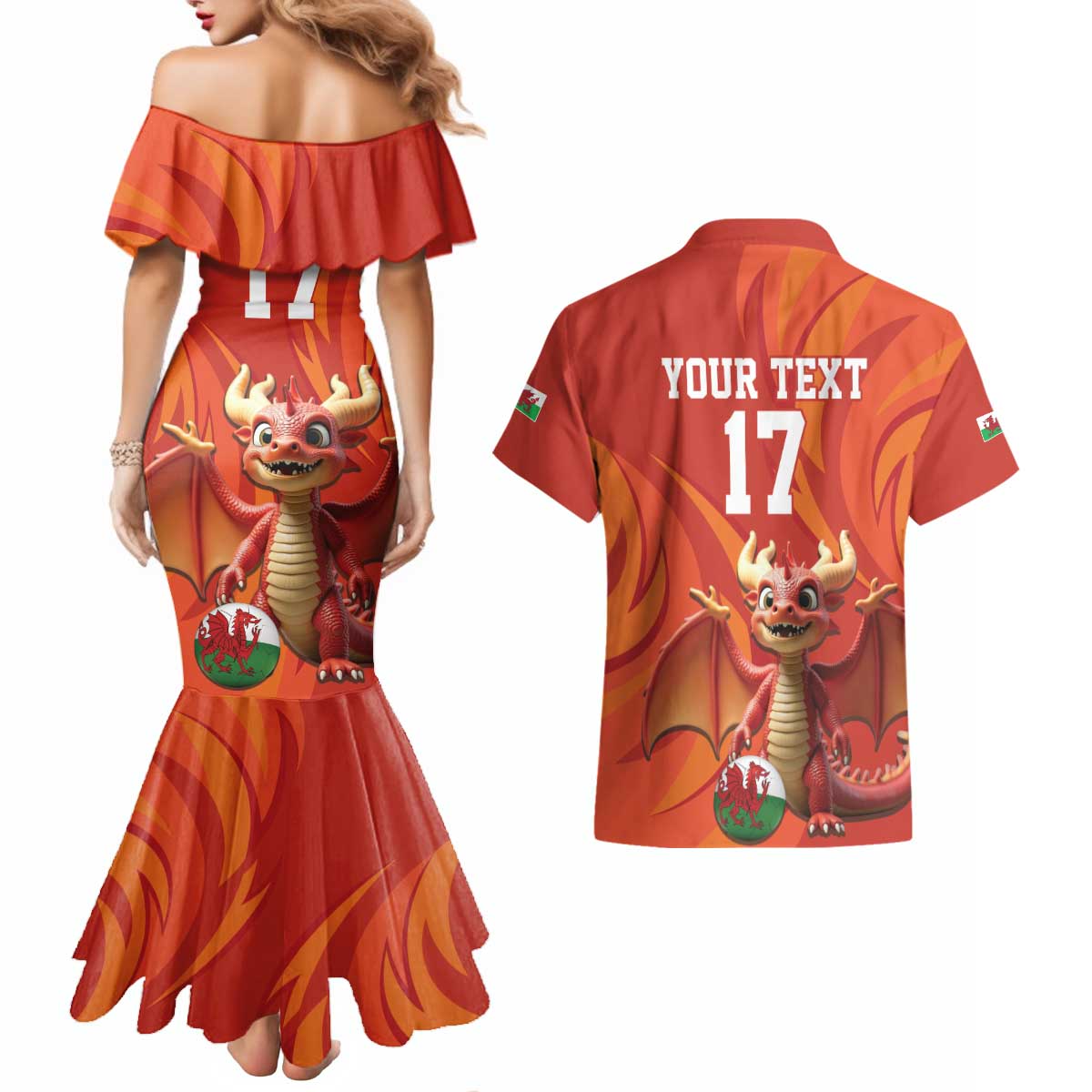 Custom Wales Football Go Champions Couples Matching Mermaid Dress and Hawaiian Shirt Cymru am byth Red Style