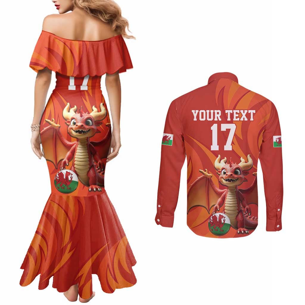 Custom Wales Football Go Champions Couples Matching Mermaid Dress and Long Sleeve Button Shirt Cymru am byth Red Style