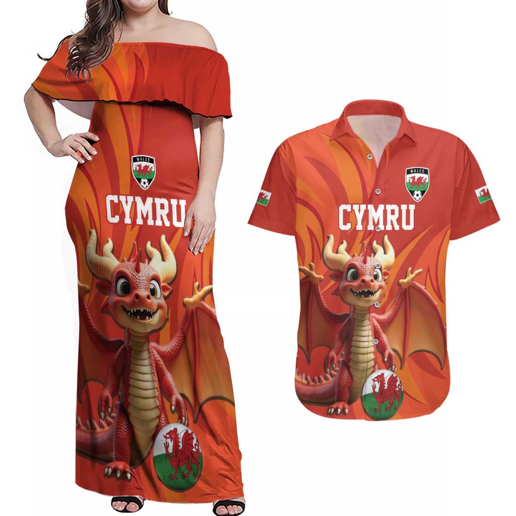 Custom Wales Football Go Champions Couples Matching Off Shoulder Maxi Dress and Hawaiian Shirt Cymru am byth Red Style