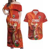Custom Wales Football Go Champions Couples Matching Off Shoulder Maxi Dress and Hawaiian Shirt Cymru am byth Red Style
