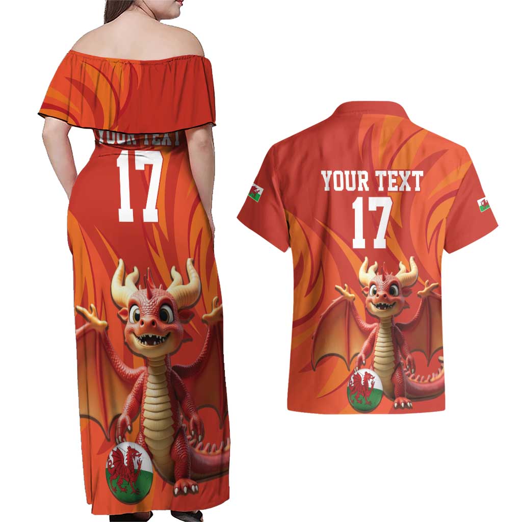 Custom Wales Football Go Champions Couples Matching Off Shoulder Maxi Dress and Hawaiian Shirt Cymru am byth Red Style