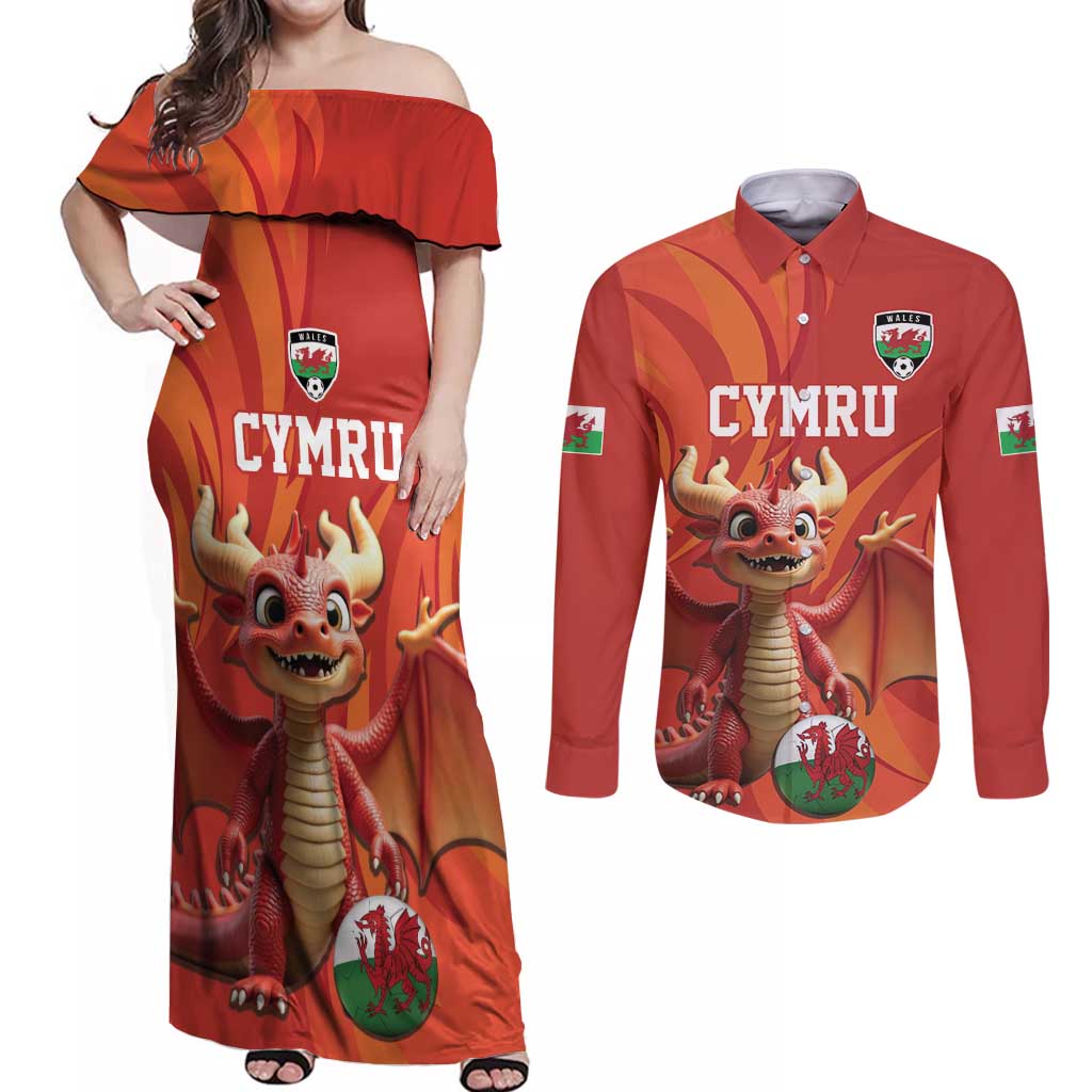 Custom Wales Football Go Champions Couples Matching Off Shoulder Maxi Dress and Long Sleeve Button Shirt Cymru am byth Red Style