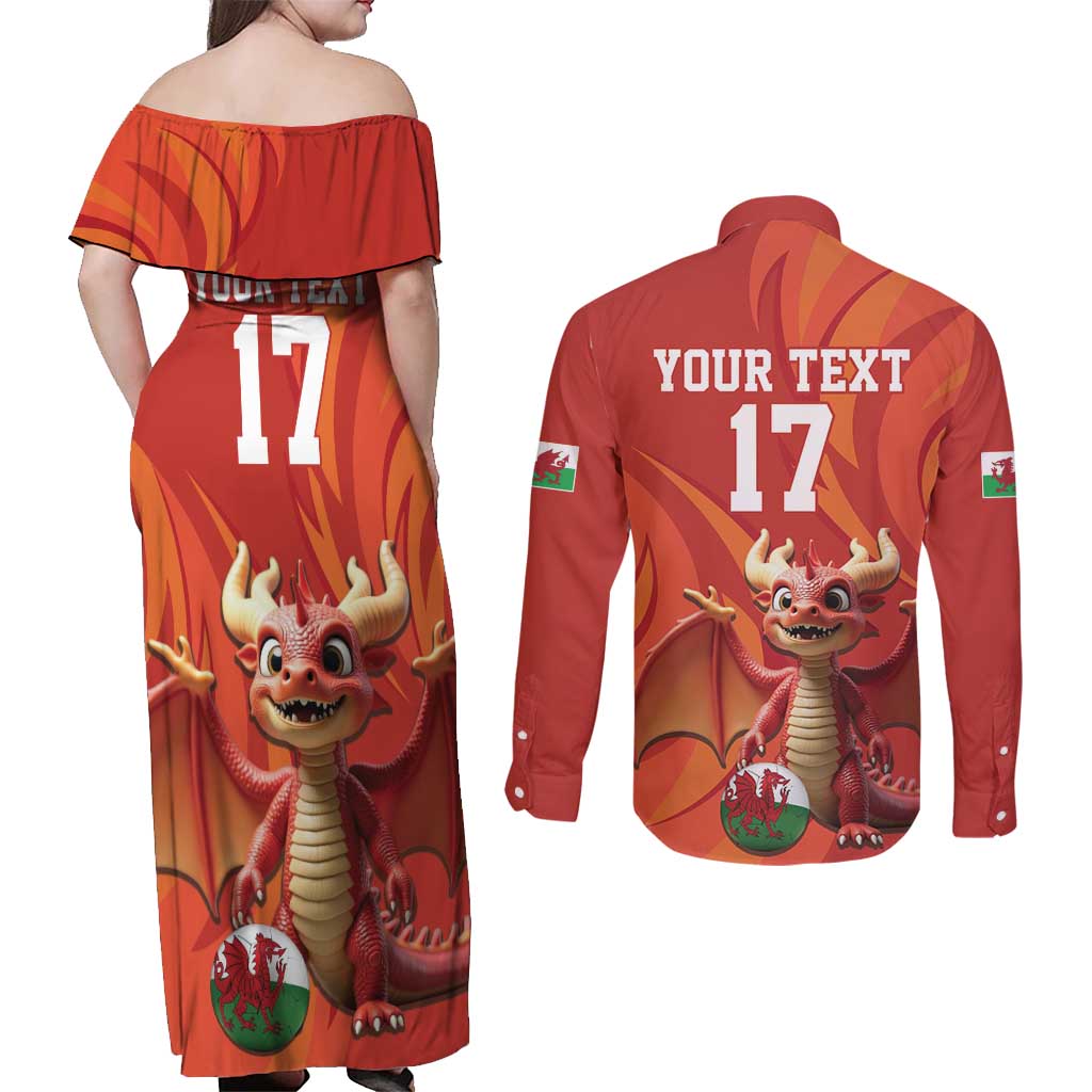 Custom Wales Football Go Champions Couples Matching Off Shoulder Maxi Dress and Long Sleeve Button Shirt Cymru am byth Red Style